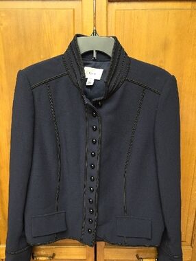 Lewit Navy Button-Front Piped Military-Inspired Tailored Jacket Size L